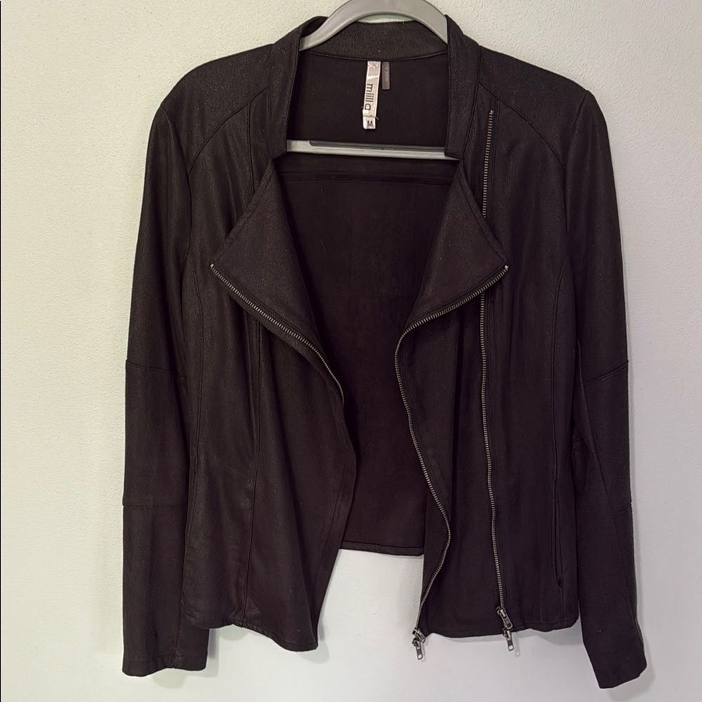 Miilla Clothing Black faux Leather Jacket Asymmetrical Design